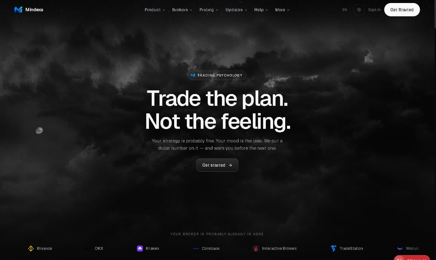 The new Mindexa start page with the animated night-sky hero and the broker strip underneath.