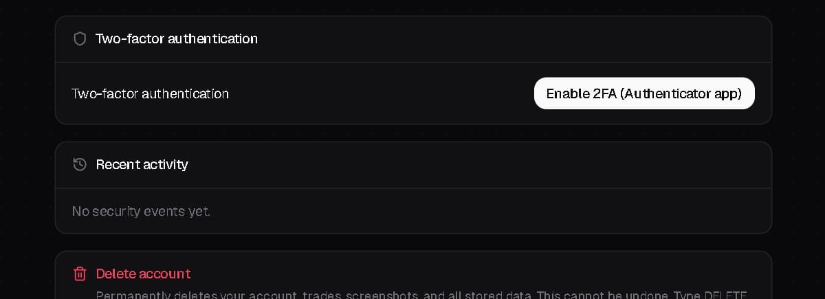 Settings, Security: the two-factor authentication card with the Enable 2FA button and the recent activity list.
