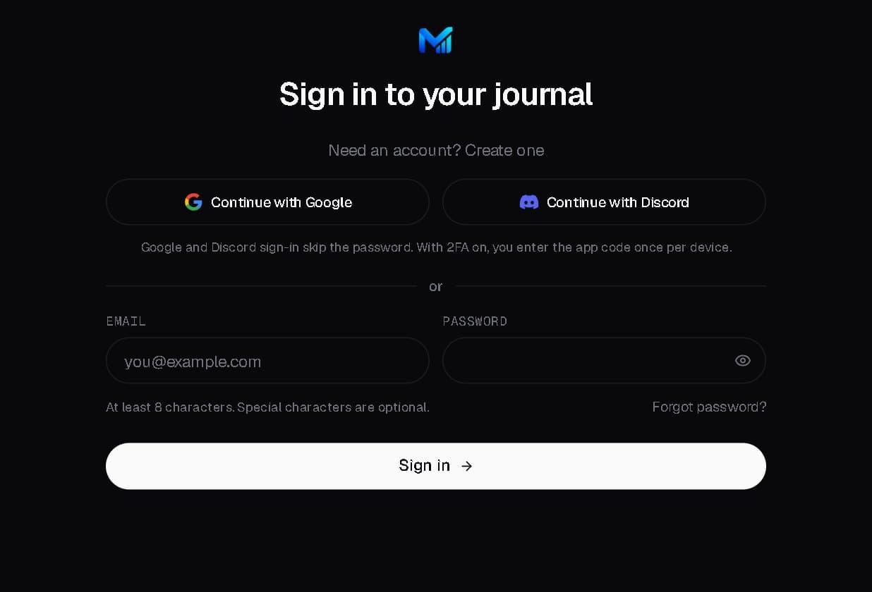 The Mindexa sign-in page: Google and Discord, email and password. Every one of these paths now runs through the bot check and rate limits.